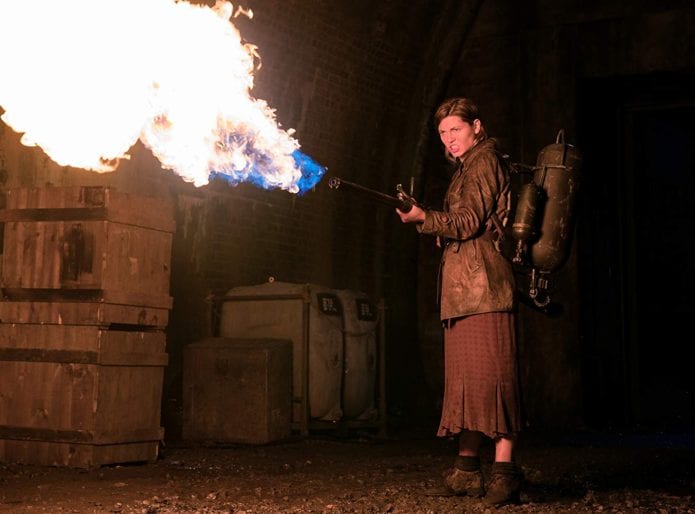 Mathilde Ollivier using a flame thrower in Overlord (2018) Available now as one of the Hulu movies!
