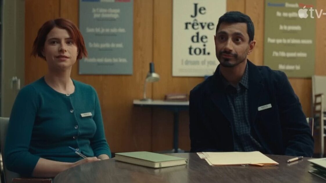 A scene from Fingernails, a sci-fi romantic drama exploring [keywords: emotional testing / love algorithms / futuristic relationships].