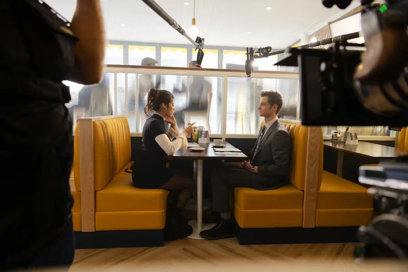 Jack Quaid's Nate and Amber Midthunder's Sherry, sit in the diner.