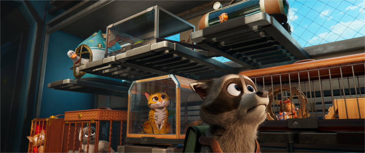 Diverse pet cast including Anna the anaconda, Maggie, and Randy work together in Pets on a Train