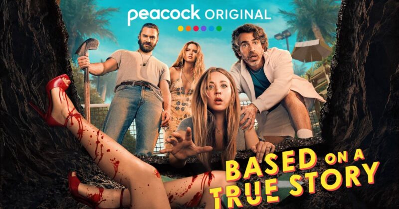Official poster for Peacock series Based on a True Story, featuring Kaley Cuoco, Chris Messina and Tom Bateman in a stylised suburban murder mystery.