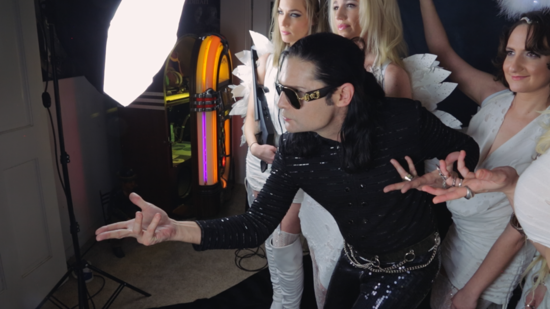Corey Feldman in Michael Jackson-inspired outfit with three Corey's Angels band members from documentary