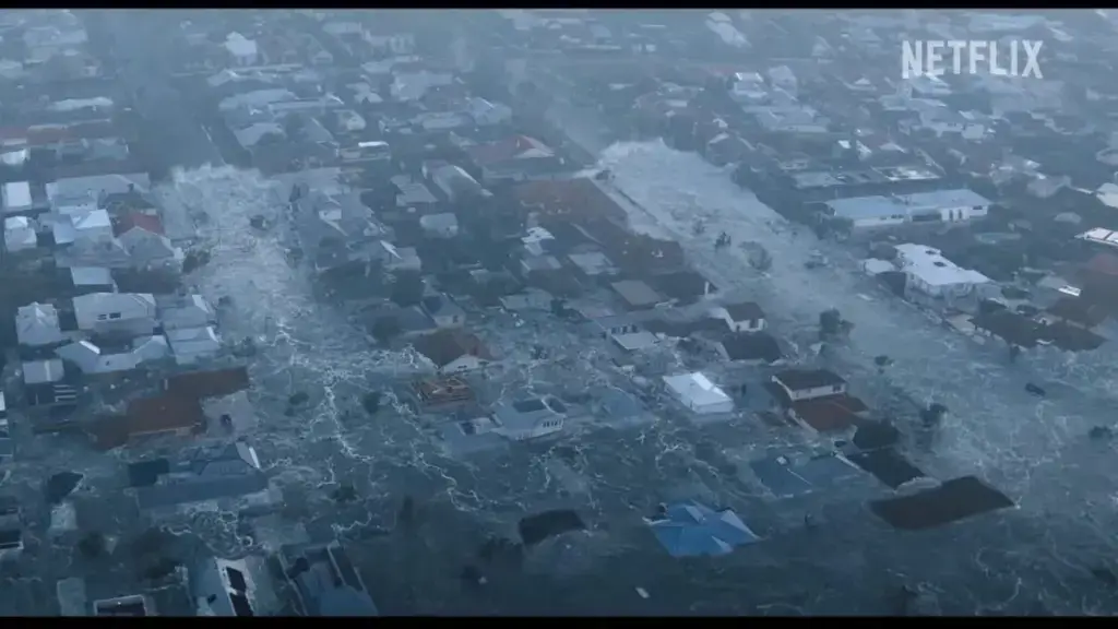 Floodwaters surge through Melbourne streets in Thrash (2026), directed by Tommy Wirkola. Image courtesy of Netflix.